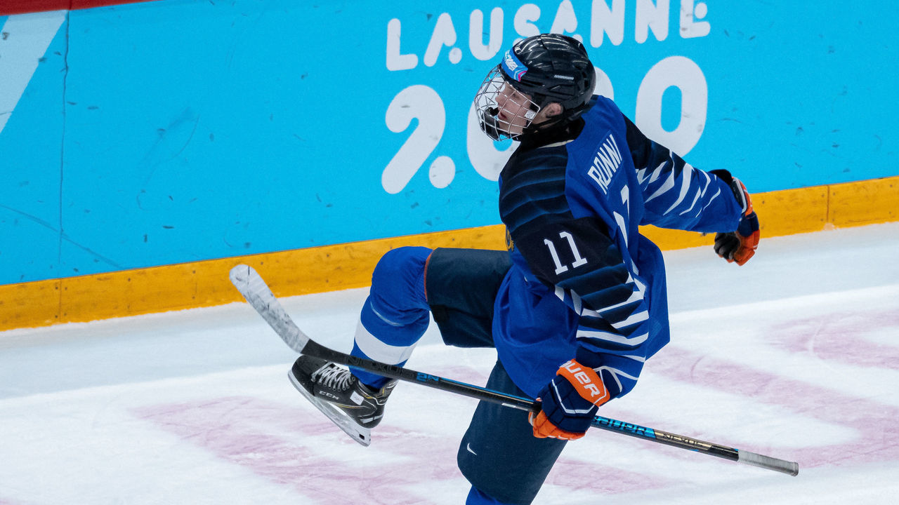 LAUSANNE, SWITZERLAND - JANUARY 20: #11 Topi Ronni of Finland celebrates his goal during Men's 6-Team Tournament Preliminary Round - Group A Game between Finland and Switzerland of the Lausanne 2020 Winter Youth Olympics on January 20, 2020 in Lausanne, Switzerland.
