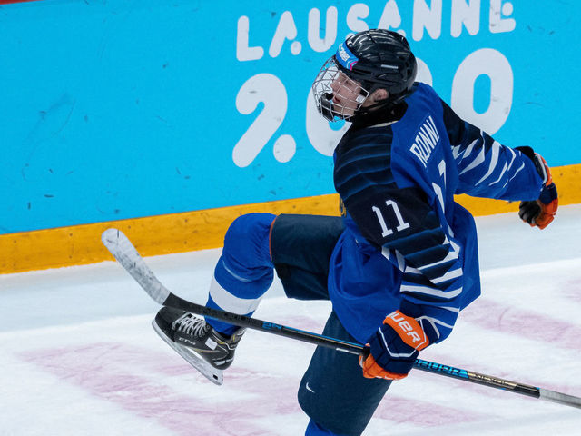 LAUSANNE, SWITZERLAND - JANUARY 20: #11 Topi Ronni of Finland celebrates his goal during Men's 6-Team Tournament Preliminary Round - Group A Game between Finland and Switzerland of the Lausanne 2020 Winter Youth Olympics on January 20, 2020 in Lausanne, Switzerland.