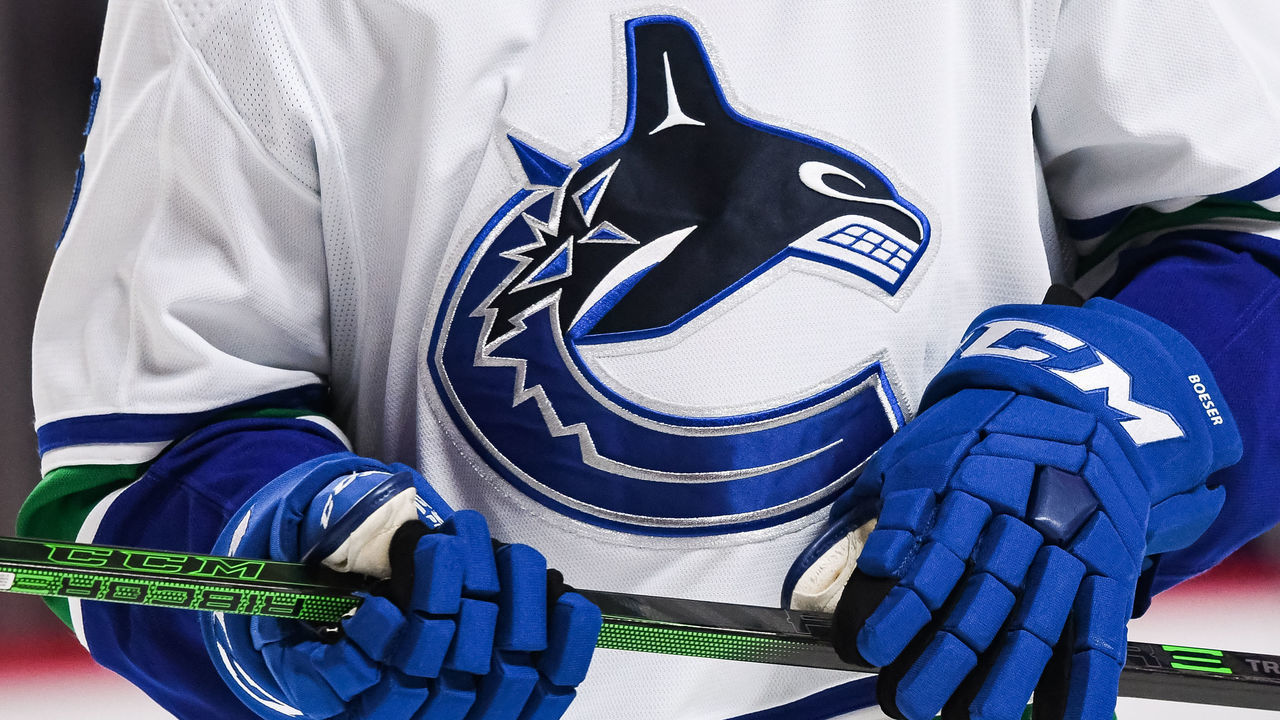 MONTREAL, QC - NOVEMBER 29: View of a Vancouver Canucks logo on a jersey during the Vancouver Canucks versus the Montreal Canadiens game on November 29, 2021, at Bell Centre in Montreal, QC