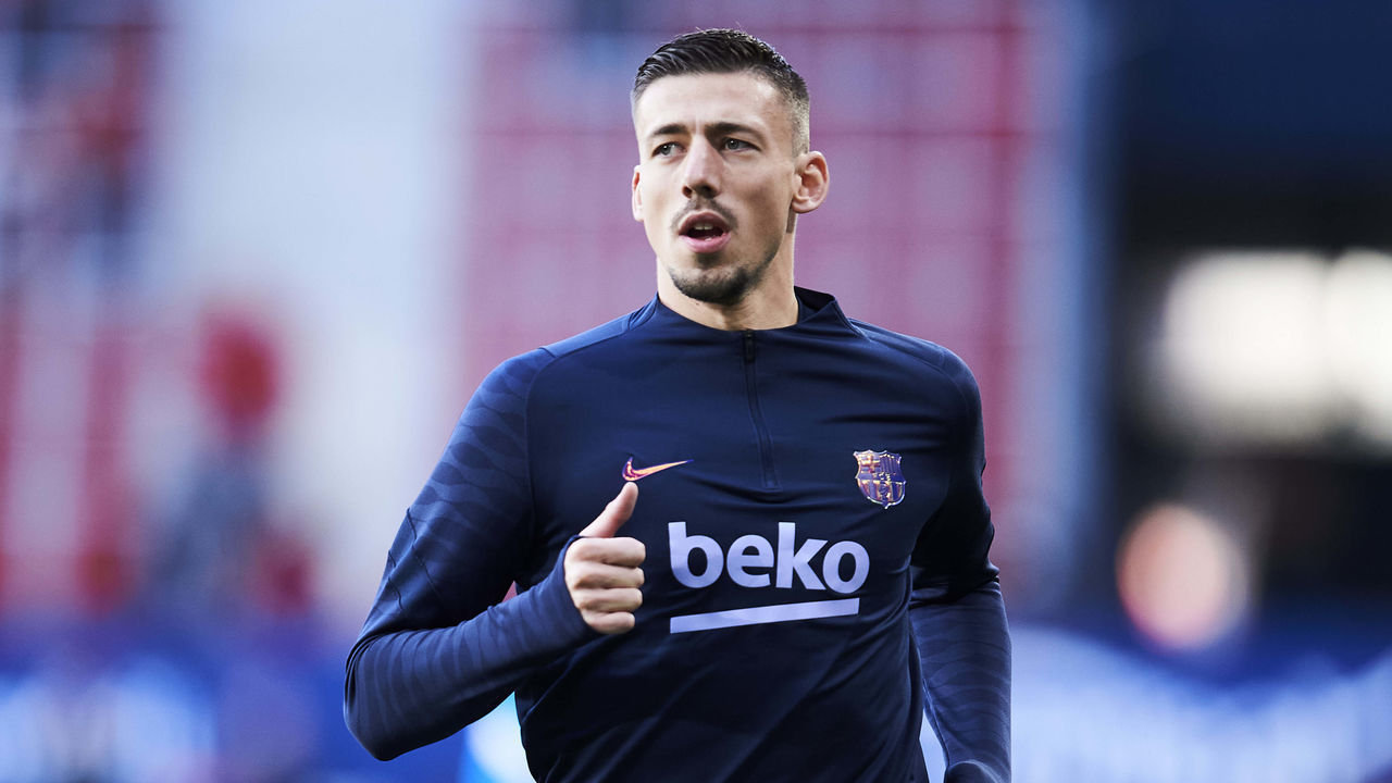 PAMPLONA, SPAIN - DECEMBER 12: Clement Lenglet of FC Barcelona reacts during the La Liga Santander match between CA Osasuna and FC Barcelona at Estadio El Sadar on December 12, 2021 in Pamplona, Spain.