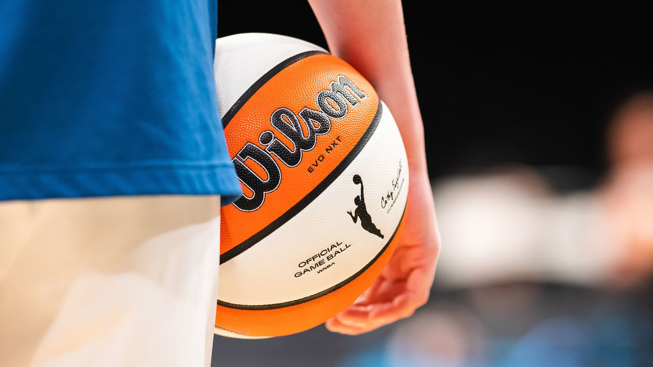 BROOKLYN, NY - JUNE 7: A closeup view of a player holding the official game ball before the game between the Minnesota Lynx and the New York Liberty on June 7, 2022 at the Barclays Center in Brooklyn, New York. NOTE TO USER: User expressly acknowledges and agrees that, by downloading and/or using this photograph, user is consenting to the terms and conditions of the Getty Images License Agreement. Mandatory Copyright Notice: Copyright 2022 NBAE