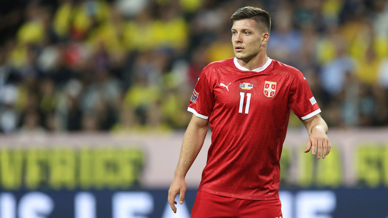 SOLNA, SWEDEN - JUNE 09: Luka Jovic of Serbia during the UEFA Nations League League B Group 4 match between Sweden and Serbia at Friends Arena on June 9, 2022 in Solna, Sweden.