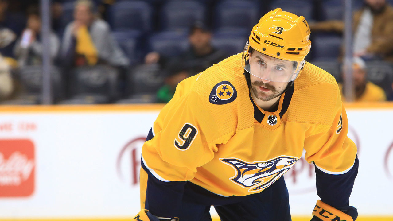 NASHVILLE, TN - MARCH 10: Nashville Predators left wing Filip Forsberg (9), of Sweden, is shown during the NHL game between the Nashville Predators and Anaheim Ducks, held on March 10, 2022, at Bridgestone Arena in Nashville, Tennessee.