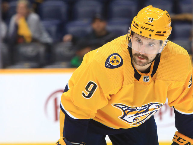 NASHVILLE, TN - MARCH 10: Nashville Predators left wing Filip Forsberg (9), of Sweden, is shown during the NHL game between the Nashville Predators and Anaheim Ducks, held on March 10, 2022, at Bridgestone Arena in Nashville, Tennessee.