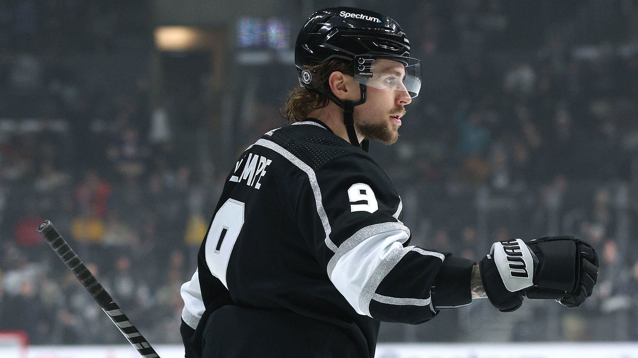 LOS ANGELES, CALIFORNIA - DECEMBER 09: Adrian Kempe #9 of the Los Angeles Kings celebrates his goal during a 4-0 Kings win over the Dallas Stars at Staples Center on December 09, 2021 in Los Angeles, California.