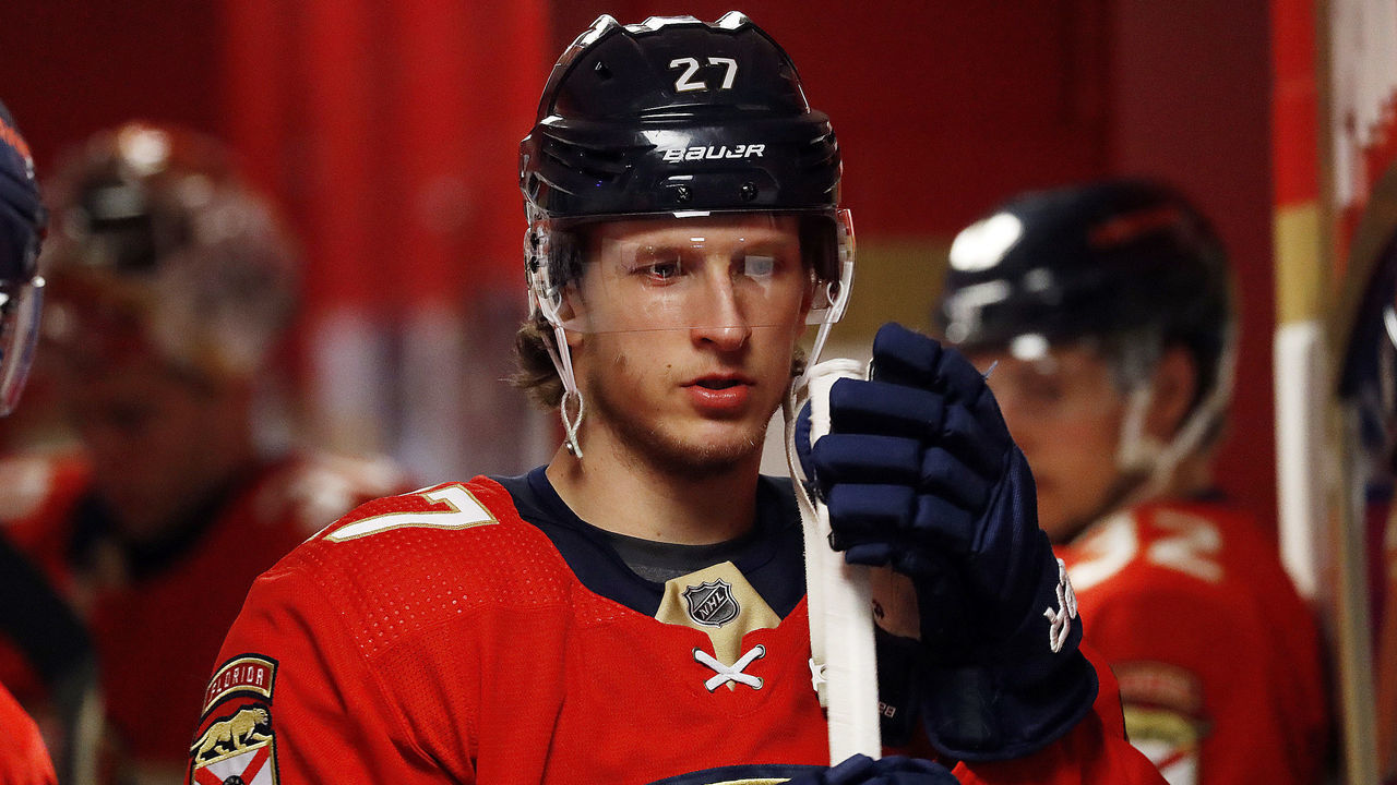 SUNRISE, FL - APRIL 5: Eetu Luostarinen #27 of the Florida Panthers stands in the doorway before heading out to the ice for warm ups prior to the start of the game against the Toronto Maple Leafs at the FLA Live Arena on April 5, 2022 in Sunrise, Florida.