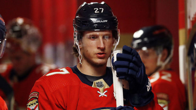 SUNRISE, FL - APRIL 5: Eetu Luostarinen #27 of the Florida Panthers stands in the doorway before heading out to the ice for warm ups prior to the start of the game against the Toronto Maple Leafs at the FLA Live Arena on April 5, 2022 in Sunrise, Florida.