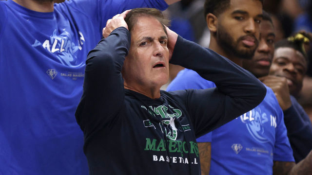DALLAS, TX - MAY 6: Boban Marjanovic #51 of the Dallas Mavericks and team owner owner Mark Cuban react as the Mavericks play the Phoenix Suns during the first half of Game Three of the 2022 NBA Playoffs Western Conference Semifinals at American Airlines Center on May 6, 2022 in Dallas, Texas.