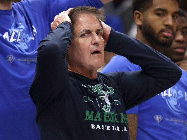 DALLAS, TX - MAY 6: Boban Marjanovic #51 of the Dallas Mavericks and team owner owner Mark Cuban react as the Mavericks play the Phoenix Suns during the first half of Game Three of the 2022 NBA Playoffs Western Conference Semifinals at American Airlines Center on May 6, 2022 in Dallas, Texas.