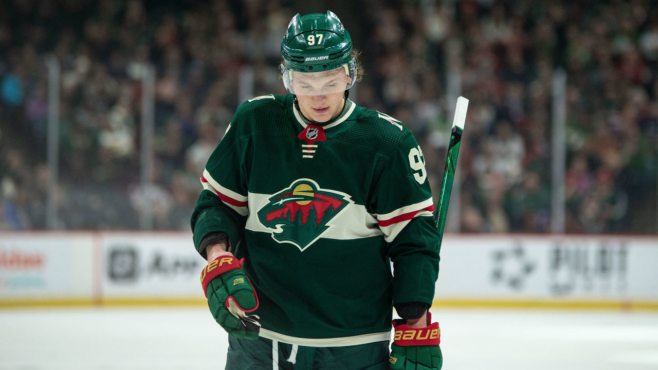 SAINT PAUL, MN - APRIL 29: Minnesota Wild Left Wing Kirill Kaprizov (97) skates during a TV timeout during the NHL game between the Colorado Avalanche and the Minnesota Wild on April 29th, 2022, at Xcel Energy Center in Saint Paul, MN.