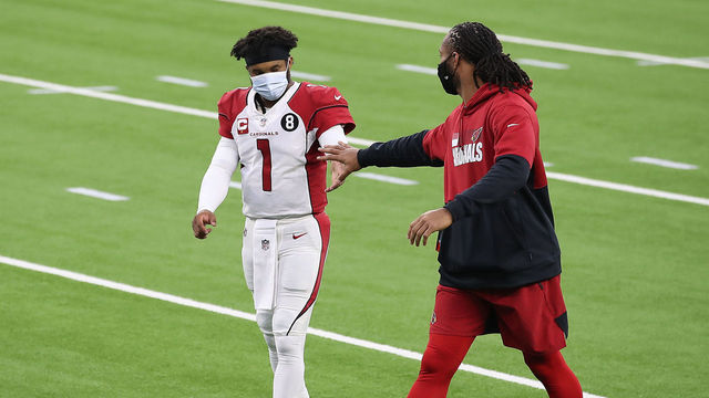 INGLEWOOD, CALIFORNIA - JANUARY 03: Kyler Murray #1 of the Arizona Cardinals and Larry Fitzgerald #11 leave the field after being defeated by the Los Angeles Rams 18-7 at SoFi Stadium on January 03, 2021 in Inglewood, California.