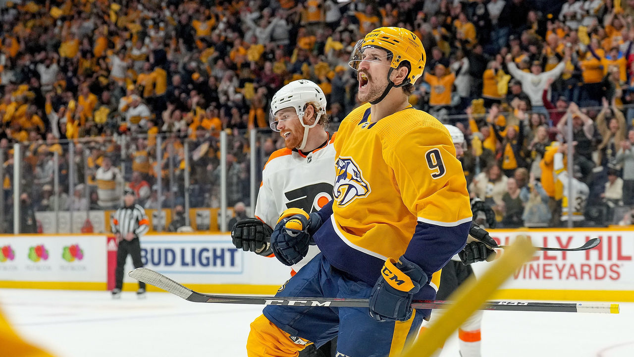NASHVILLE, TN - MARCH 27: Filip Forsberg #9 of the Nashville Predators celebrates his goal against the Philadelphia Flyers during an NHL game at Bridgestone Arena on March 27, 2022 in Nashville, Tennessee.