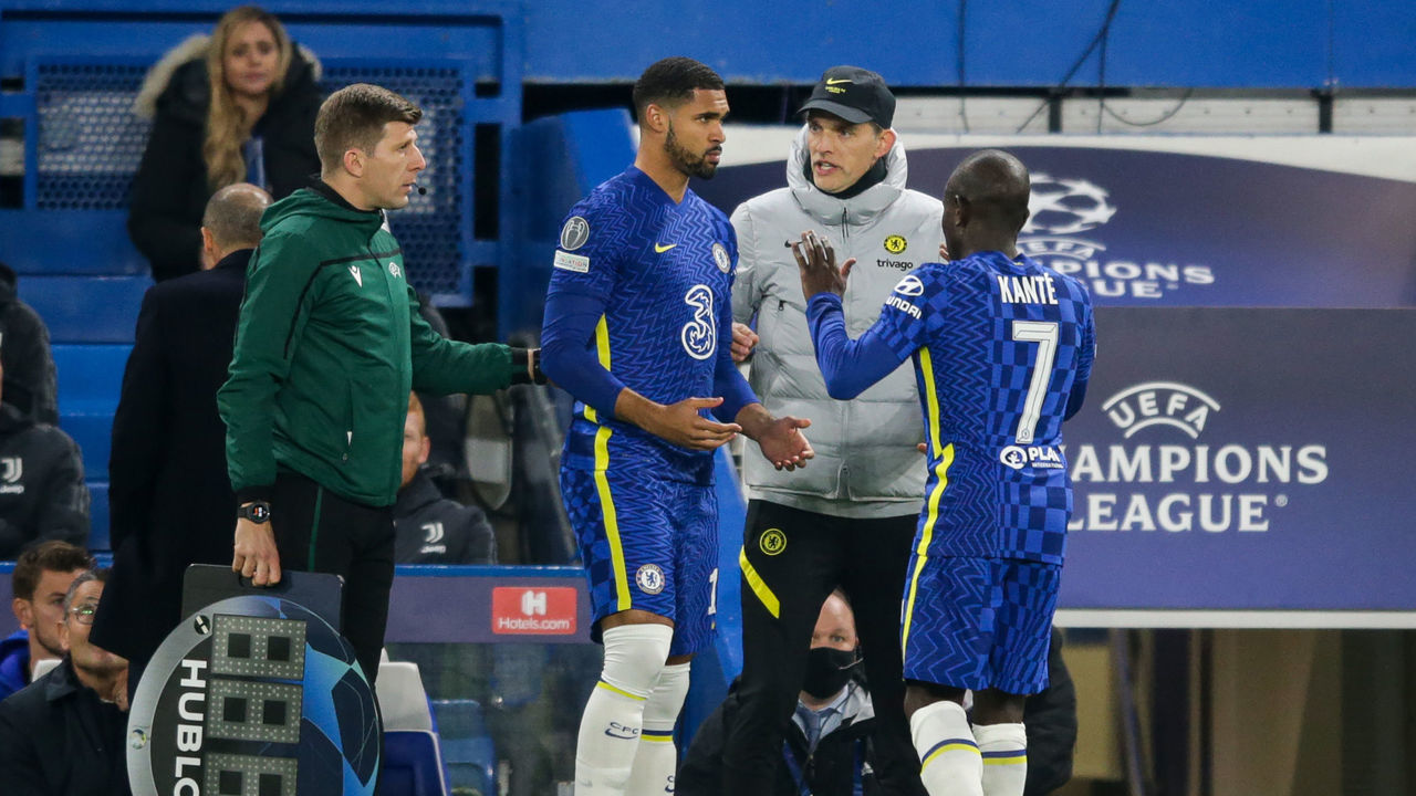 LONDON, ENGLAND - NOVEMBER 23: Ruben Loftus-Cheek replaces Ngolo Kante of Chelsea during the UEFA Champions League group H match between Chelsea FC and Juventus at Stamford Bridge on November 23, 2021 in London, England.
