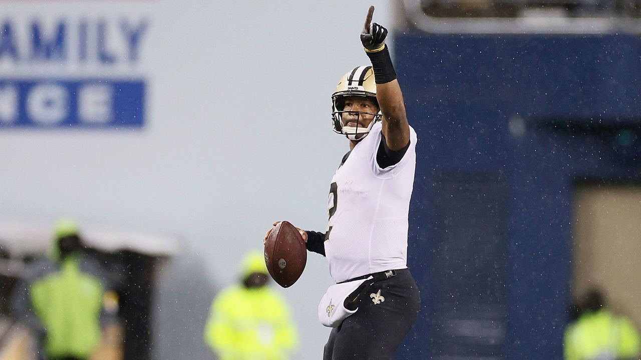 SEATTLE, WASHINGTON - OCTOBER 25: Jameis Winston #2 of the New Orleans Saints looks to pass during the second half against the Seattle Seahawks at Lumen Field on October 25, 2021 in Seattle, Washington.