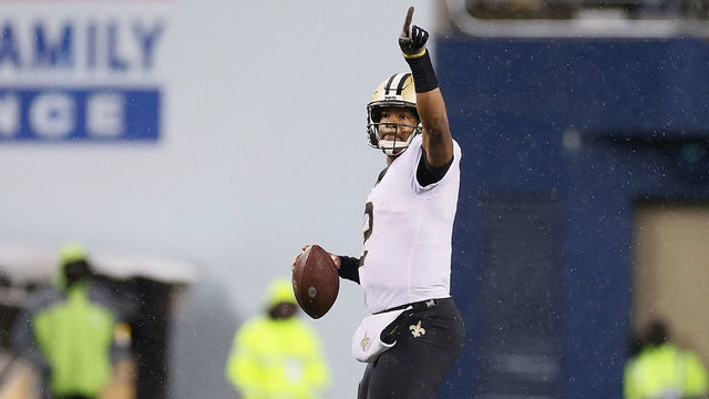 SEATTLE, WASHINGTON - OCTOBER 25: Jameis Winston #2 of the New Orleans Saints looks to pass during the second half against the Seattle Seahawks at Lumen Field on October 25, 2021 in Seattle, Washington.