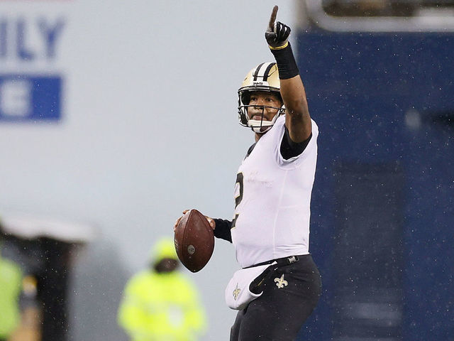 SEATTLE, WASHINGTON - OCTOBER 25: Jameis Winston #2 of the New Orleans Saints looks to pass during the second half against the Seattle Seahawks at Lumen Field on October 25, 2021 in Seattle, Washington.