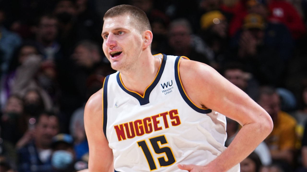 DENVER, CO - JANUARY 7: Nikola Jokic #15 of the Denver Nuggets reacts during a game against the Sacramento Kings on January 7, 2022 at the Ball Arena in Denver, Colorado. NOTE TO USER: User expressly acknowledges and agrees that, by downloading and/or using this Photograph, user is consenting to the terms and conditions of the Getty Images License Agreement. Mandatory Copyright Notice: Copyright 2021 NBAE