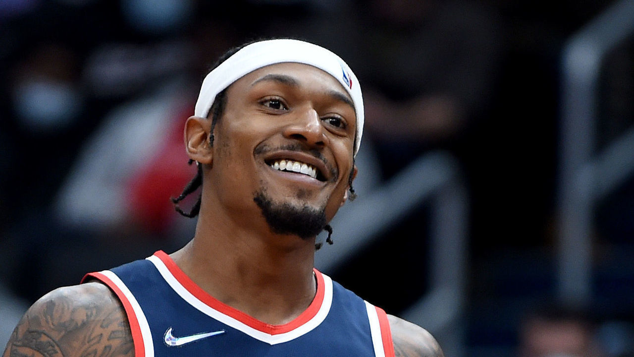 WASHINGTON, DC - NOVEMBER 05: Bradley Beal #3 of the Washington Wizards reacts to a call in the first half against the Memphis Grizzlies at Capital One Arena on November 05, 2021 in Washington, DC.