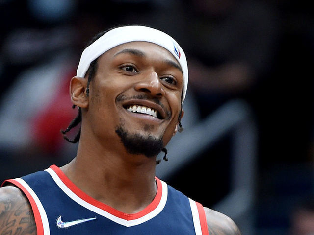 WASHINGTON, DC - NOVEMBER 05: Bradley Beal #3 of the Washington Wizards reacts to a call in the first half against the Memphis Grizzlies at Capital One Arena on November 05, 2021 in Washington, DC.
