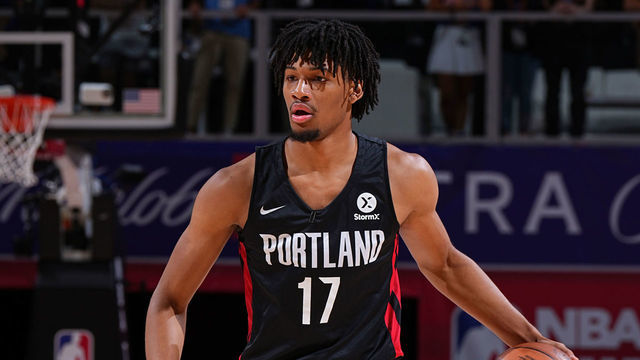 LAS VEGAS, NV - JULY 7: Shaedon Sharpe #17 of the Portland Trail Blazers dribbles the ball during the game against the Detroit Pistons during the 2022 Las Vegas Summer League on July 7, 2022 at the Cox Pavilion in Las Vegas, Nevada NOTE TO USER: User expressly acknowledges and agrees that, by downloading and/or using this Photograph, user is consenting to the terms and conditions of the Getty Images License Agreement. Mandatory Copyright Notice: Copyright 2022 NBAE