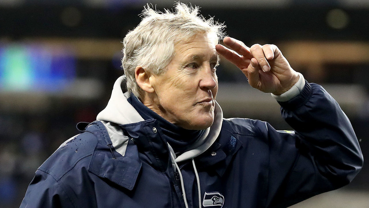 SEATTLE, WASHINGTON - JANUARY 02: Head coach Pete Carroll of the Seattle Seahawks reacts after defeating the Detroit Lions 51-29 at Lumen Field on January 02, 2022 in Seattle, Washington.