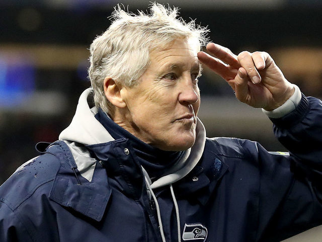 SEATTLE, WASHINGTON - JANUARY 02: Head coach Pete Carroll of the Seattle Seahawks reacts after defeating the Detroit Lions 51-29 at Lumen Field on January 02, 2022 in Seattle, Washington.