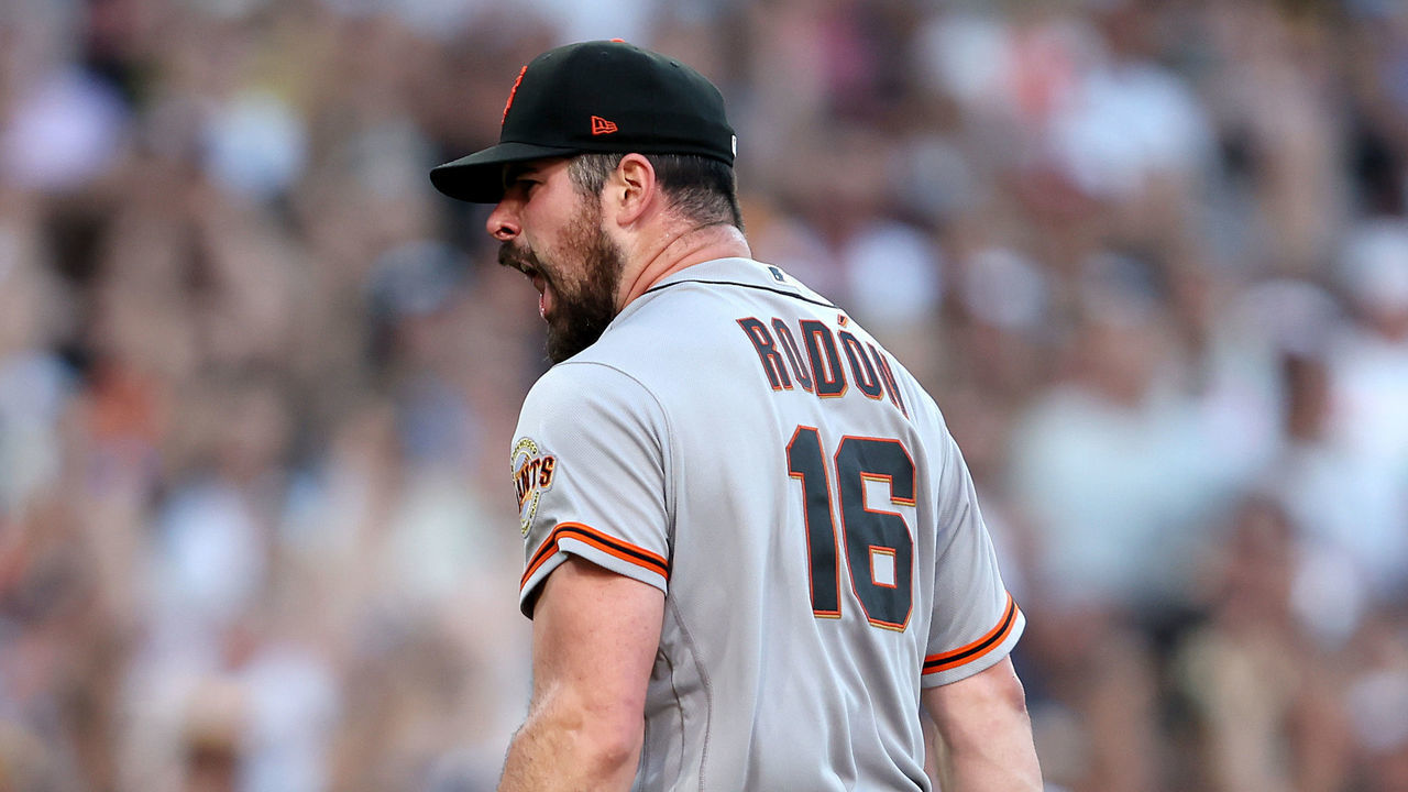 SAN DIEGO, CALIFORNIA - JULY 09: Carlos Rodon #16 of the San Francisco Giants reacts after throwing a complete game and defeating the San Diego Padres 3-1 in a game at PETCO Park on July 09, 2022 in San Diego, California.