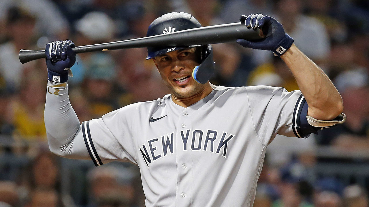 PITTSBURGH, PA - JULY 06: Giancarlo Stanton #27 of the New York Yankees reacts after a strike call against the Pittsburgh Pirates at PNC Park on July 6, 2022 in Pittsburgh, Pennsylvania.