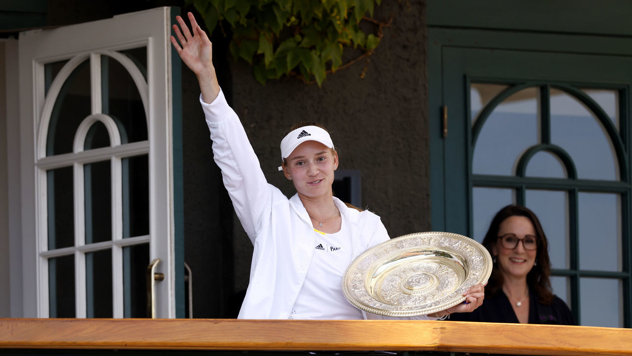 Elena Rybakina with the The Venus Rosewater Dish after defeating Ons Jabeur in The Final of the Ladies' Singles on day thirteen of the 2022 Wimbledon Championships at the All England Lawn Tennis and Croquet Club, Wimbledon. Picture date: Saturday July 9, 2022.