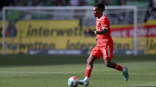 Bayern Munich's English defender Omar Richards plays the ball during the German first division Bundesliga football match VfL Wolfsburg v Bayern Munich in Wolfsburg, northern Germany, on May 14, 2022. - DFL REGULATIONS PROHIBIT ANY USE OF PHOTOGRAPHS AS IMAGE SEQUENCES AND/OR QUASI-VIDEO