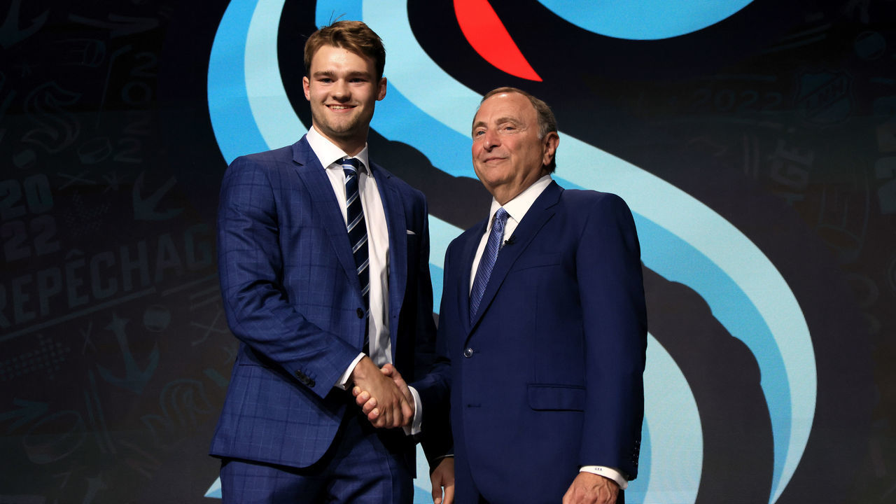 MONTREAL, QUEBEC - JULY 07: Shane Wright is drafted by the Seattle Kraken during Round One of the 2022 Upper Deck NHL Draft at Bell Centre on July 07, 2022 in Montreal, Quebec, Canada.