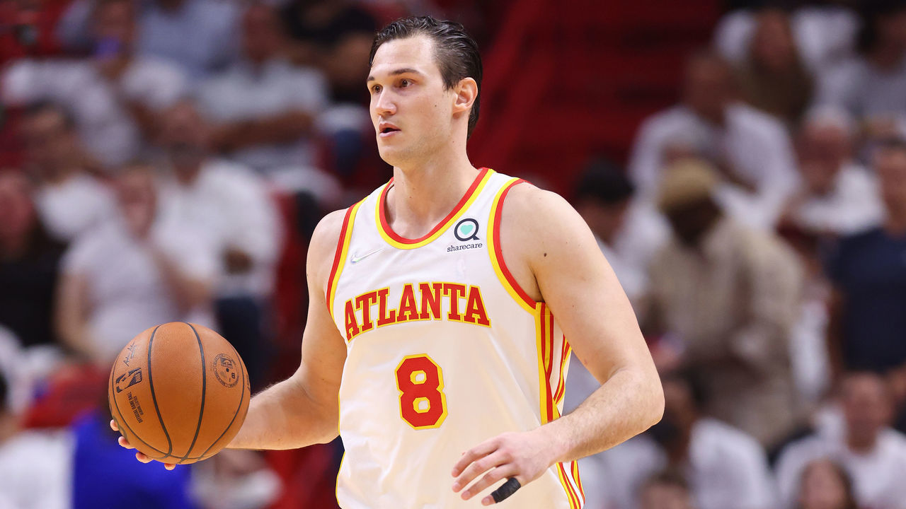 MIAMI, FLORIDA - APRIL 26: Danilo Gallinari #8 of the Atlanta Hawks dribbles against the Miami Heat in Game Five of the Eastern Conference First Round at FTX Arena on April 26, 2022 in Miami, Florida.