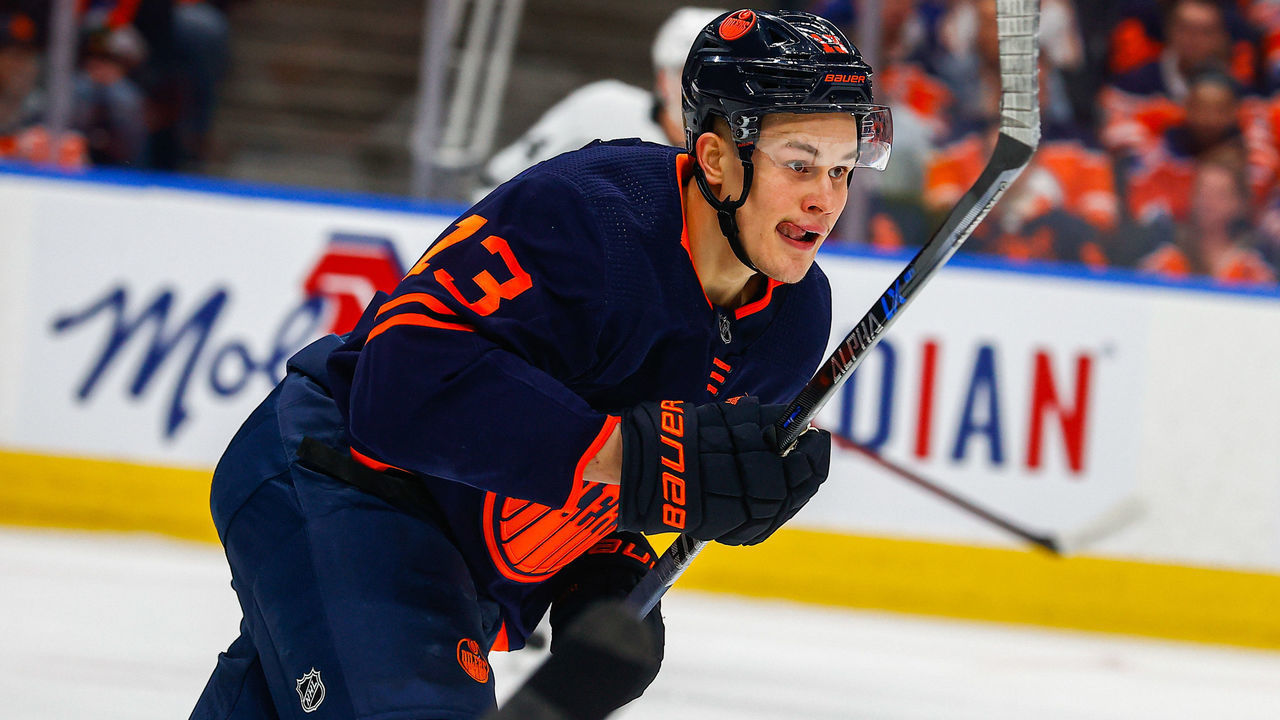 EDMONTON, AB - MAY 10: Edmonton Oilers Right Wing Jesse Puljujarvi (13) is demoted to the third line in the first period during the Edmonton Oilers versus the Los Angeles Kings Stanley Cup playoffs round 1, game 5 on May 10, 2022 at Rogers Place in Edmonton, AB.