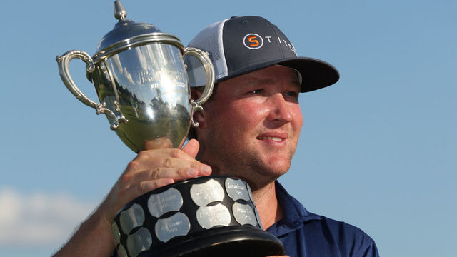 NICHOLASVILLE, KENTUCKY - JULY 10: Trey Mullinax of the United States poses with the trophy after winning the Barbasol Championship at Keene Trace Golf Club on July 10, 2022 in Nicholasville, Kentucky.
