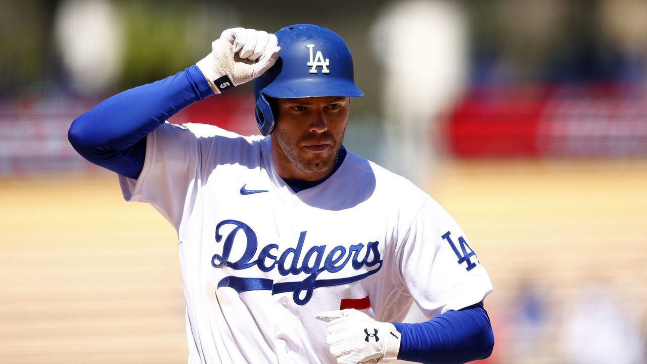 LOS ANGELES, CALIFORNIA - JULY 10: Freddie Freeman #5 of the Los Angeles Dodgers celebrates a home run against the Chicago Cubs in the sixth inning at Dodger Stadium on July 10, 2022 in Los Angeles, California.