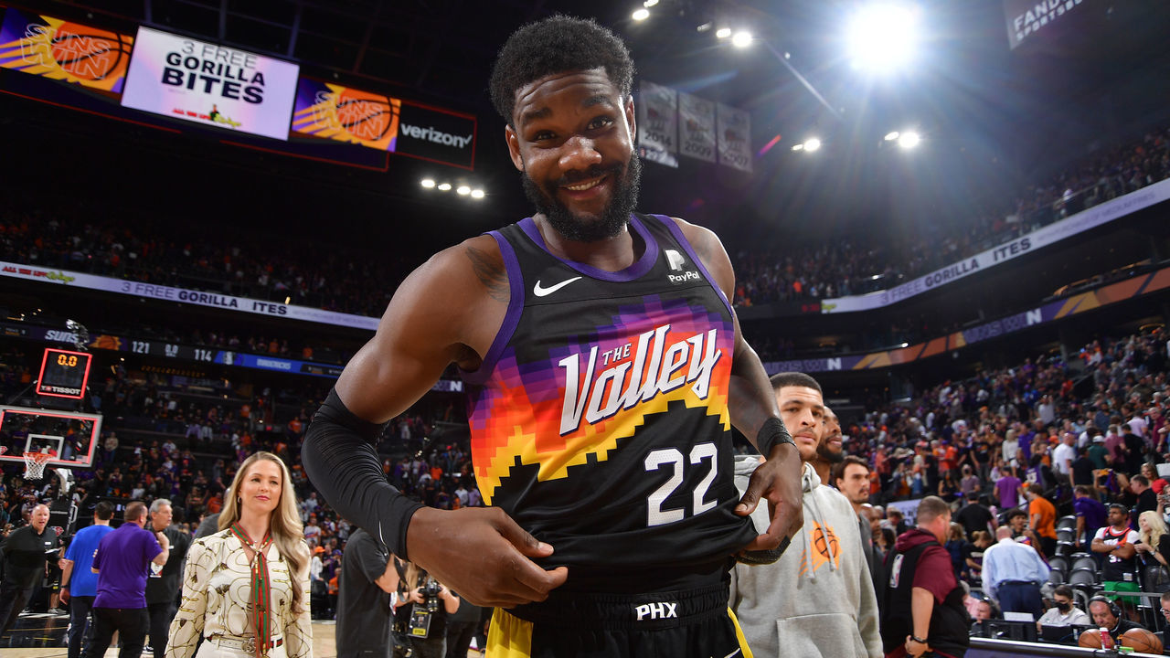 PHOENIX, AZ - MAY 2: Deandre Ayton #22 of the Phoenix Suns smiles after Game 1 of the 2022 NBA Playoffs Western Conference Semifinals on May 2, 2022 at Footprint Center in Phoenix, Arizona. Mandatory Copyright Notice: Copyright 2022 NBAE
