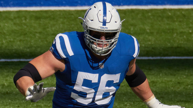 INDIANAPOLIS, IN - OCTOBER 18: Indianapolis Colts Offensive Guard Quenton Nelson (56) in game action during a NFL game between the Indianapolis Colts and the Cincinnati Bengals on October 18, 2020, at Lucas Oil Stadium in Indianapolis, IN.