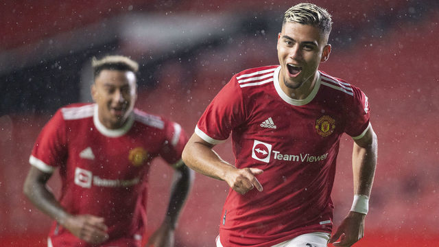 MANCHESTER, ENGLAND - JULY 28: Andreas Pereira celebrates scoring Manchester United's second goal during the pre-season friendly match between Manchester United and Brentford at Old Trafford on July 28, 2021 in Manchester, England.