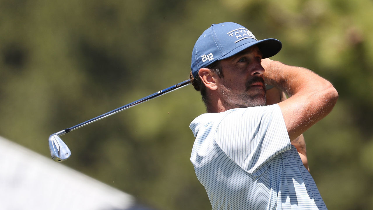 STATELINE, NV - JULY 09: NFL football player Aaron Rodgers plays his shot from the 17th tee during Round Two of the 2022 American Century Championship at Edgewood Tahoe Golf Course on July 9, 2022 in Stateline, Nevada.