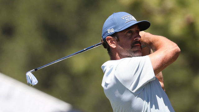 STATELINE, NV - JULY 09: NFL football player Aaron Rodgers plays his shot from the 17th tee during Round Two of the 2022 American Century Championship at Edgewood Tahoe Golf Course on July 9, 2022 in Stateline, Nevada.