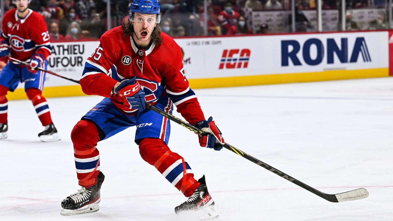 MONTREAL, QC - APRIL 29: Montreal Canadiens left wing Michael Pezzetta (55) tracks the play during the Florida Panthers versus the Montreal Canadiens game on April 29, 2022 at Bell Centre in Montreal, QC