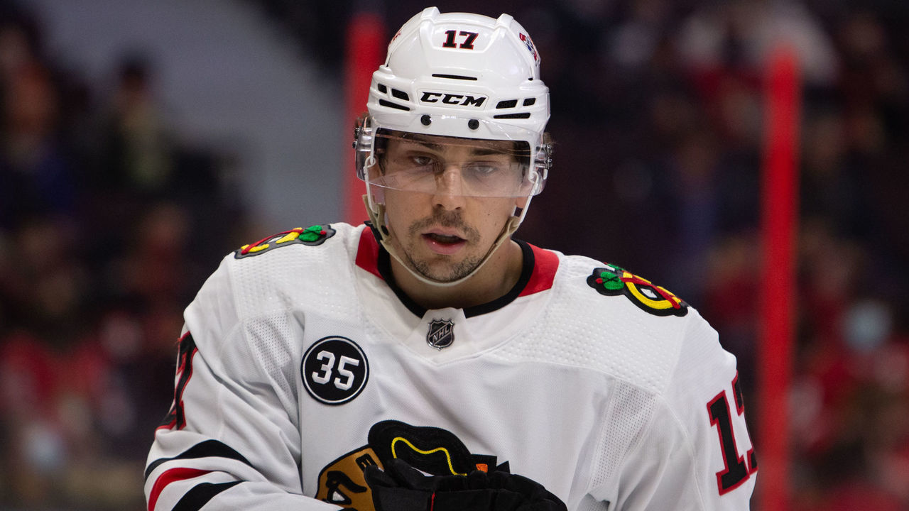 OTTAWA, ON - MARCH 12: Dylan Strome #17 of the Chicago Blackhawks skates against the Ottawa Senators at Canadian Tire Centre on March 12, 2022.