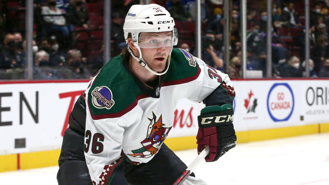 VANCOUVER, BC - FEBRUARY 08: Arizona Coyotes Right Wing Christian Fischer (36) on ice against the Vancouver Canucks during their NHL game at Rogers Arena on February 8, 2022 in Vancouver, British Columbia, Canada.