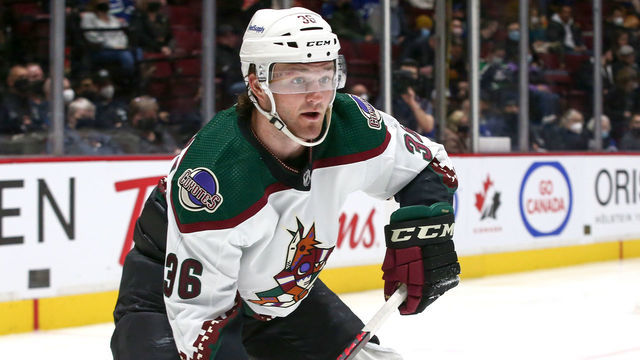 VANCOUVER, BC - FEBRUARY 08: Arizona Coyotes Right Wing Christian Fischer (36) on ice against the Vancouver Canucks during their NHL game at Rogers Arena on February 8, 2022 in Vancouver, British Columbia, Canada.