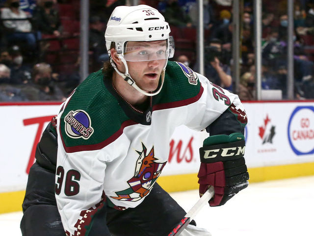 VANCOUVER, BC - FEBRUARY 08: Arizona Coyotes Right Wing Christian Fischer (36) on ice against the Vancouver Canucks during their NHL game at Rogers Arena on February 8, 2022 in Vancouver, British Columbia, Canada.