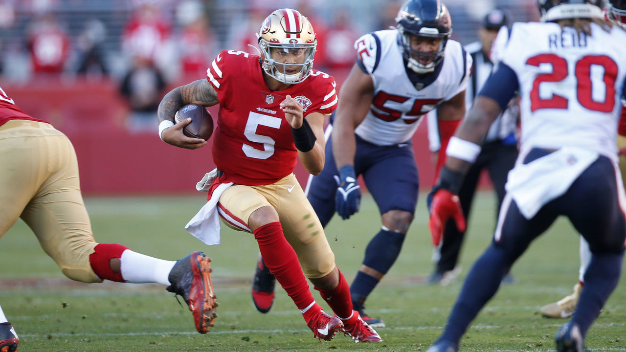SANTA CLARA, CA - JANUARY 2: Trey Lance #5 of the San Francisco 49ers rushes during the game against the Houston Texans at Levi's Stadium on January 2, 2022 in Santa Clara, California. The 49ers defeated the Texans 23-7.