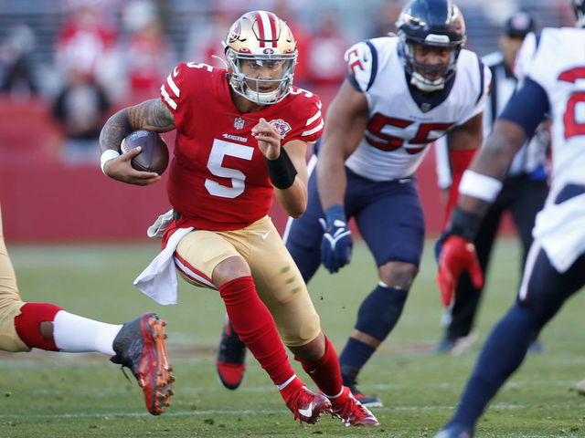 SANTA CLARA, CA - JANUARY 2: Trey Lance #5 of the San Francisco 49ers rushes during the game against the Houston Texans at Levi's Stadium on January 2, 2022 in Santa Clara, California. The 49ers defeated the Texans 23-7.