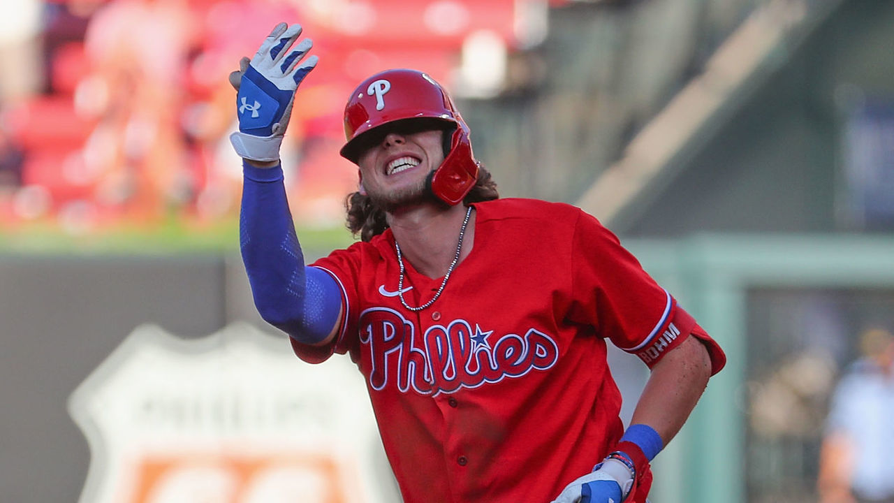 ST LOUIS, MO - JULY 11: Alec Bohm #28 of the Philadelphia Phillies calls to the dugout after injuring g his hand in a slide into second base against the St. Louis Cardinals in the second inning at Busch Stadium on July 11, 2022 in St Louis, Missouri.