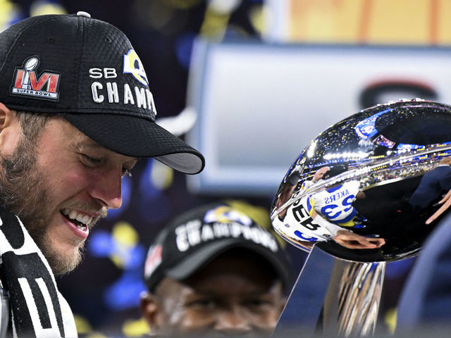 Inglewood, CA - February 13: Los Angeles Rams quarterback Matthew Stafford (9) holds onto the Lombardi Trophy after defeating the Cincinnati Bengals 23-20 in Super Bowl LVI at SoFi Stadium on Sunday, Feb. 13, 2022 in Inglewood, CA.(Wally Skalij / Los Angeles Times via Getty Images)