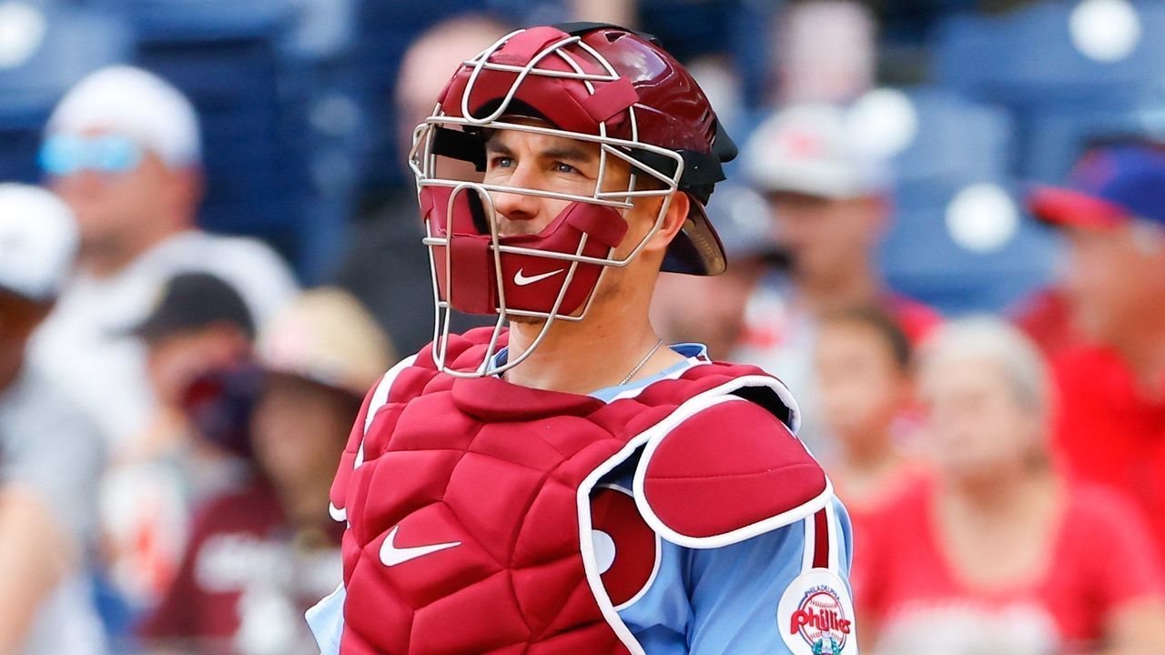 PHILADELPHIA, PA - JULY 07: Philadelphia Phillies catcher J.T. Realmuto (10) behind home plate during the Major League Baseball game between the Philadelphia Phillies and the Washington Nationals on July 7, 2022 at Citizens Bank Park in Philadelphia, Pennsylvania.
